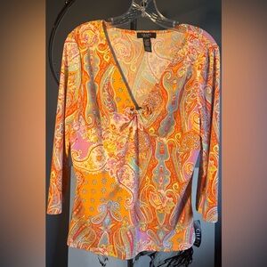Chaps Women's V-Neck Paisley Blouse - Orange and Pink